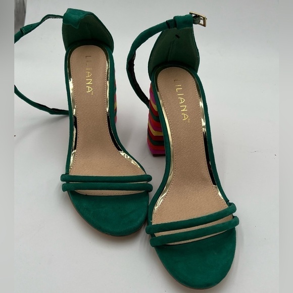 Liliana Women Faux Suede Double Strap Open Toe Striped Chunky Heel Sandal Sz 10 - Picture 1 of 10